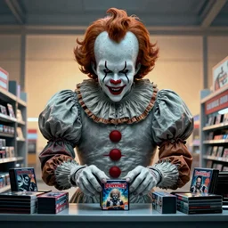 giant pennywise shopping at gamestop, pennywise buying his game collection, amazing details, atmospheric, surrealism, 8 k, octane render, cold hue's, warm tone gradient background