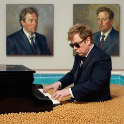 elton john playing a piano in a pool filled with baked beans, an oil painting by ross tran and thomas kincade