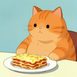 fat orange cat on a table with lasagna by maurice sendak
