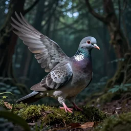 triumphant dove in forest nightscape spooky ultrarealistic