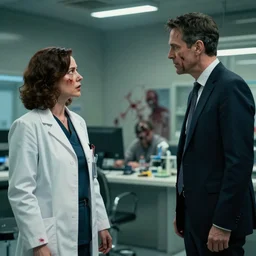 big budget action movie about female scientist confronts male ceo about zombie program