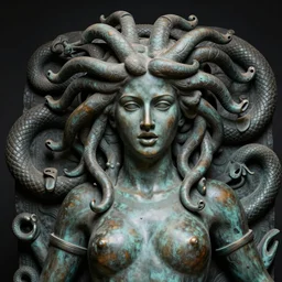 giant bronze sculpture of medusa with ouroboros, intricate, professional photography, dramatic