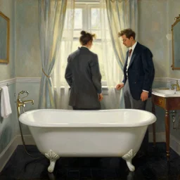 a painting of a romantic 1 9 6 0's bathroom, one antique white clawfoot bathtub, curtains, ebony wooden floor, back light, by anders zorn, ron hicks, jeremy lipking, joseph todorovitch