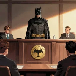 Saul Goodman vs Batman in a courtroom, comic book page