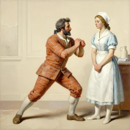 A Socialist Realism style Action Painting made with Gesso on Alabaster of A Principled Dressed Brickmason tempting A Nursing Aide in the style of Jean Antoine Watteau