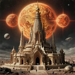 old vintage photo of surreal alien extraterrestrial temple on exoplanet with three suns beautiful detailed intricate insanely detailed 3D render digital art, octane render, 8K artistic photography, photorealistic