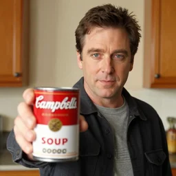 Bruce campbell holding can of campbell soup to the camera
