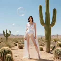 a vogue photoshoot of a woman wearing transparent bubbles. the woman stands in the desert, next to a huge cactus - n 4