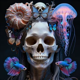 goddess close-up face skull portrait. jellyfish phoenix head, nautilus, butterfly, skull, betta fish, bioluminiscent creatures, intricate artwork by Tooth Wu and wlop and beeple. octane render, trending on artstation, greg rutkowski very coherent symmetrical artwork. cinematic, hyper realism, high detail, octane render, 8k