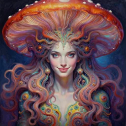 perfectly centered portrait, front view of a beautiful fractal mushroom goddess, female, flowing hair, intense stare, sweet smile, symmetrical, concept art, intricate detail, volumetric shadows and lighting, psychedelic colors, realistic oil painting by tim hildebrandt