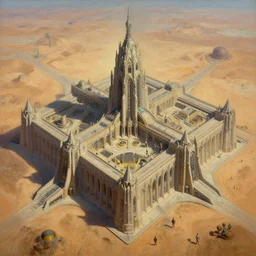 , bird eye view, immense squared crematorium gothic architecture advanced technology scifi architectural structure desert planet alien wardrobe tim hildebrandt, wayne barlowe, bruce pennington, donato giancola, larry elmore, oil on canvas, masterpiece, trending on artstation, featured on pixiv, cinematic composition, dramatic, beautiful lighting