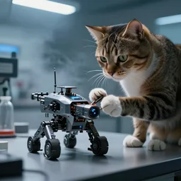 cat putting the finishing touches on a small weaponized robot, cinematic moody lighting, smoky laboratory, sharp focus, imax