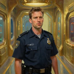 a man who slightly resembles tahmoh penikett looking concerned. he is wearing a security uniform. he is in a corridor of the atlantis paradise, a retro futuristic spaceship made of brass, art deco influence, hotel style design. painting by artgerm and greg rutkowski.
