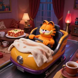 1990s photo of inside the Garfield's Wild Dream ride at Universal Studios in Orlando, Florida, riding a box with a blanket, with Garfield the cartoon cat, through a living room filled lasagna, coffee cups, and lava lamps, cinematic, UHD