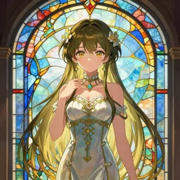 very very beautiful cute anime girl, art nouveau, stained glass window geometric, trending on pixiv