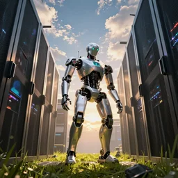 the robot humanoid works in inside the data center server room, cinematic view, epic sky, detailed, concept art, low angle, high detail, warm lighting, volumetric, godrays, vivid, beautiful, trending on artstation, by jordan grimmer, huge scene, grass, art greg rutkowski