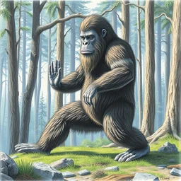 bigfoot doing yoga outdoors in the forest, colored pencil painting, extremely detailed, sharp focus, centered