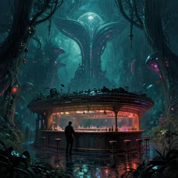 landscape by edward hopper, cgsociety at night scumm bar darkacademia futuristic atlantis rainy extraterrestial synthwave junglepunk fisheye myst bladerunner 2 0 4 9 alien elysian crystal, archdaily, wallpaper, highly detailed, trending on artstation.