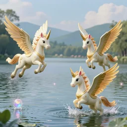 Three alicorns flying and making magic over a lake.
