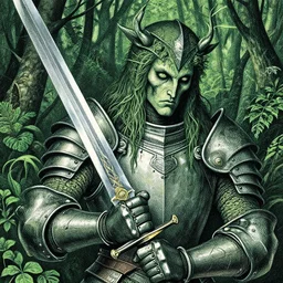 grainy risograph, gouache matte painting, macabre botanical paladin holding a huge sword, close - up, lot of layers armour, in the dense forest, highly detailed, artstation, intricate detailed, by moebius, jack gaughan, lehr paul