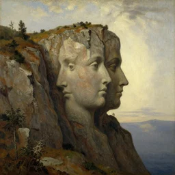 caspar david friedrich oil painting of a cliff with a woman's face shape in the rocks,