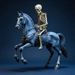 a scuplture of a sad skeleton riding a horse with very long legs, haunted, in the style of dali, plastic, blue, hyperdetailed, ultra realistic, octane render, 8 k, cinematic, atmospheric lighting, dark volumetric lighting