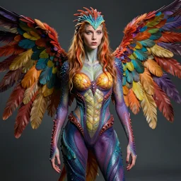 a portrait photograph of sadie sink as a colorful harpy super hero with slimy reptile skin. she is trying on a amphibian organic catsuit and transforming into a feathered alien beast. by tom bagshaw, donato giancola, hans holbein, walton ford, gaston bussiere, peter mohrbacher and brian froud. 8 k, cgsociety