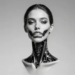 a black and white high quality photo of a young beautiful female cyborg bust with a very long neck and mandelbrot fractal mandibles, dark fantasy, sharp focus, vibrant, vivid, symmetry, highly detailed, cinematic concept art by wlop, tooth wu, beksinski, emil melmoth
