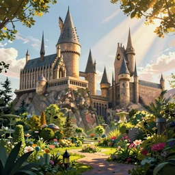 hogwarts type castle in the forest behind a garden, concept art, digital painting, style of jordan grimmer, warm lighting, futuristic, volumetric lighting, view from below, vivid colours, bright, daytime, godrays, high detail