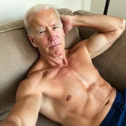a selfie of a shirtless, muscular, handsome joe biden, laying seductively on a couch. photo taken on an iphone 1 2.