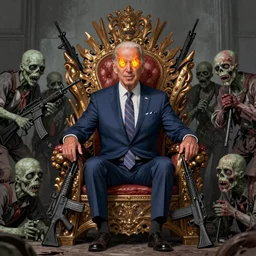 a finely detailed funny caricature illustration of Joe Biden with flaming yellow eyes surrounded by zombies and seated on a throne of assault rifles.artstation, 4k