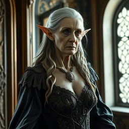 wide shot, half - elf rich older woman, in an intricate gown, with some inbred traits, alone in her mansion, head and torso portrait by karol bak and johan grenier