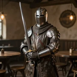 medieval knight holding sword in tavern
