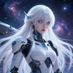 photo of a android girl on a mothership, warframe armor, beautiful face, scifi, nebula, futuristic background, galaxy raytracing, dreamy, focused, sparks of light, pure, long white hair, blue cyborg eyes, glowing, 8 k high definition, insanely detailed, intricate, innocent, art by akihiko yoshida, antilous chao, li zixin, woo kim