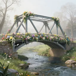 matte painting of an old mason bridge decorated with flowers during spring alongside above a small river stream, realistic, 4 k, artstation, dreamy, fog, volumetric lighting