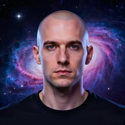 portrait of a bald man, synthwave, universe background, nebula, galaxy, artstation