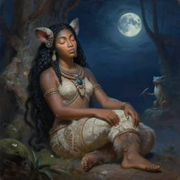 polynesian sleeping sitting goddess, photorealistic lemurian night, detailed soft fantasy art painting