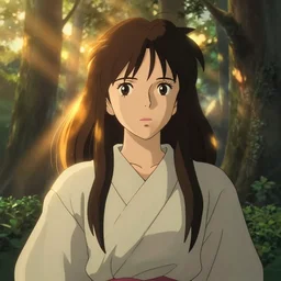 portrait bust of woman, god rays, komrebi light forest background, long brown hair, cloth, princess mononoke, 4 k, greg rutkowski, high detail, dramatic lighting, sunset, hayao miyazaki, masashi ando, nizou yamamoto, kazuo oga, joe hisaishi, yoji takeshige, naoya tanaka