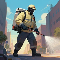 a giant pest control worker in uniform spraying pesticides over the city, art by alex malveda, low angle