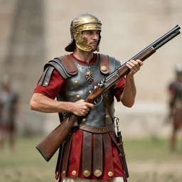 a roman legionnaire holding a shotgun