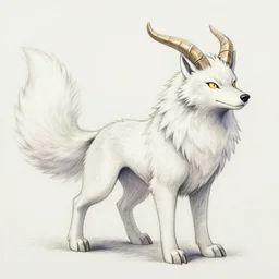 a white feathered wolf with a bladed horn and tail. a colored - pencil drawing of absol in the style of a pokemon snap photograph.