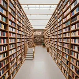 indoor scene of a magnificent library, endless hallways and bookshelves, stairs, ultra-wide shot, detailed, trending on artstation, light effect, unreal engine 5