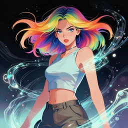 a award winning half body portrait of a beautiful woman with stunning eyes in a croptop and cargo pants with rainbow colored ombre hairstyle head in motion and hair flying by thomas danthony, surrounded by whirling illuminated liquids and lines, outrun, vaporware, shaded flat illustration, digital art, trending on artstation, highly detailed, fine detail, intricate