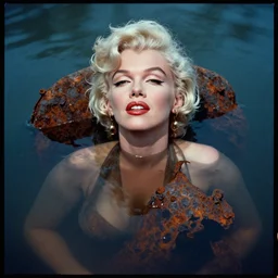 a photograph of a clone of marilyn monroe submerged and rusted in the water, cinematic, volumetric lighting, f 8 aperture, cinematic eastman 5 3 8 4 film, photorealistic by greg rutkowski, by stanley artgerm, by alphonse mucha