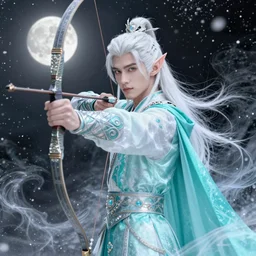 handsome male snow elf with pointed ears in a turquoise cape as an archer, albino skin, moonlight snowing, ethereal opalescent mist, winter vibes, perfect face, elegant, very coherent symmetrical artwork, by wenjun lin, krenz cushart, charlie bowater, trending on artstation