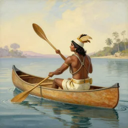 a canoe on the water with an Indian in the style of Waterhouse