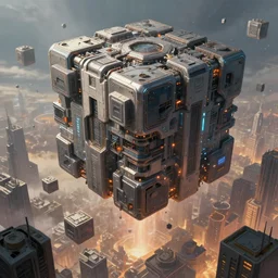 giant sci - fi cube releasing smaller cubes to invade the city, concept art, digital painting, trending on artstation, deviantart, epic composition, extremely detailed, volumetric lighting, masterpiece, octane render