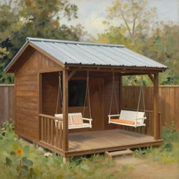 brown wooden small garden house with a plastic roofed veranda, wooden fence, standing white swing with orange cushions, wide angle, rembrandt style painting