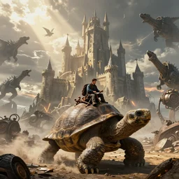 large fantasy castle riding on the top of a giant tortoise, towering over a harsh wasteland with sharp rays of sunlight, howls moving castle, mortal engines, kaiju, distant - mid - shot, fantasy, hyper detailed, 4 k