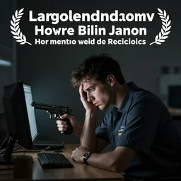 a computer janitor depressed and miserable turning the gun upon himself, dark